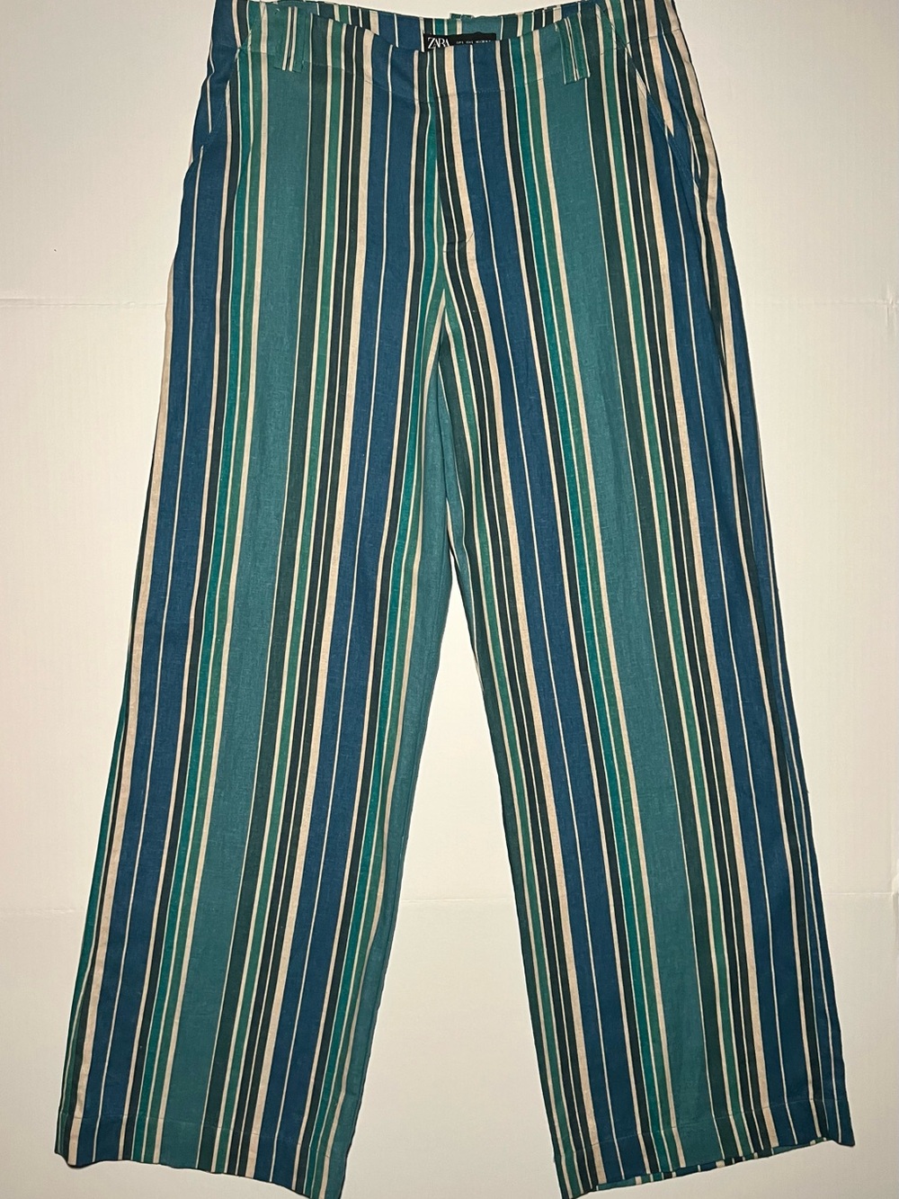 ZARA Women’s Plaid Check Pants Size L Teal Navy Beige Wide Leg Trousers